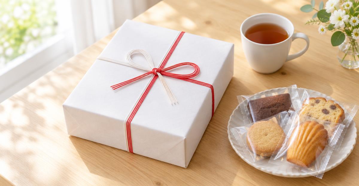 紅白の水引をかけた箱と個包装の焼き菓子